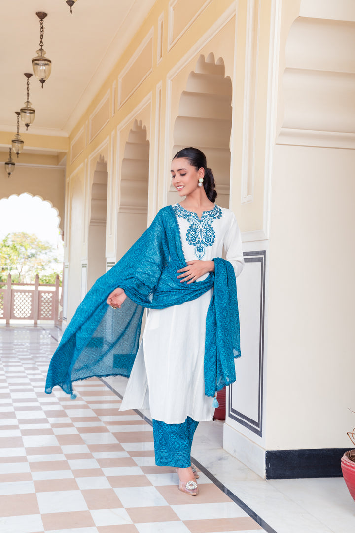 White Cotton Blue Embroidered Straight Kurta Pant With Dupatta