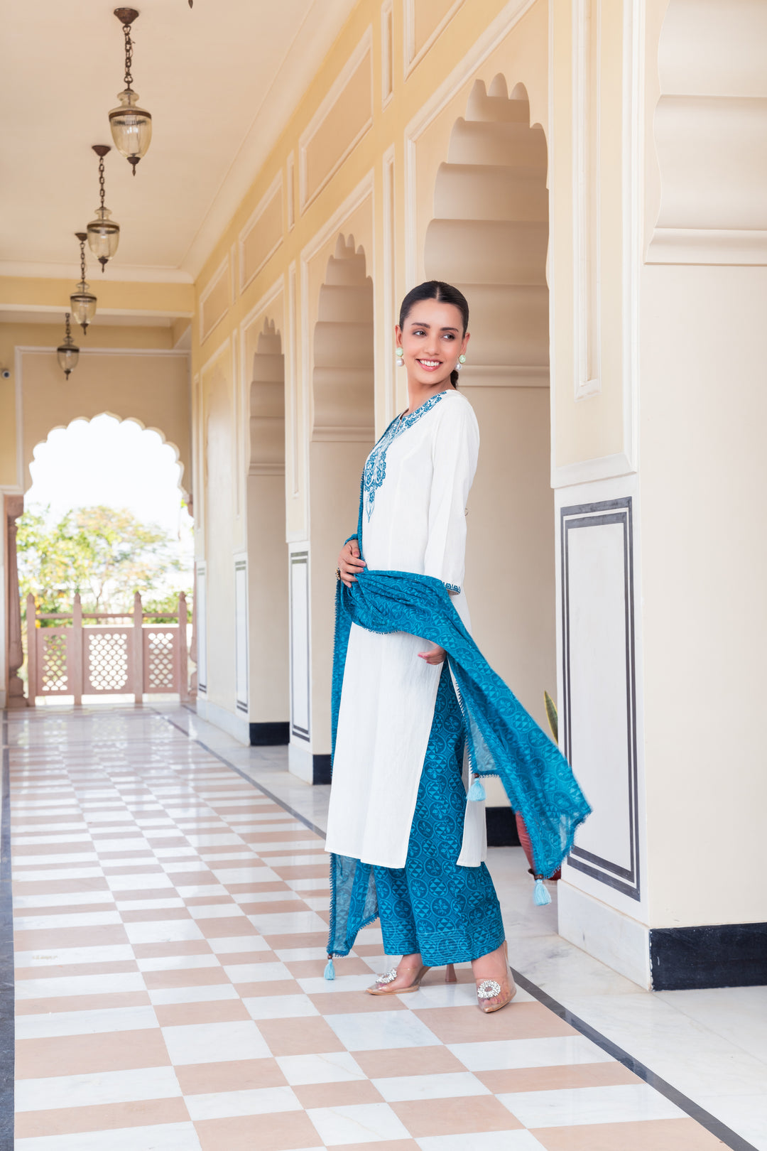 White Cotton Blue Embroidered Straight Kurta Pant With Dupatta
