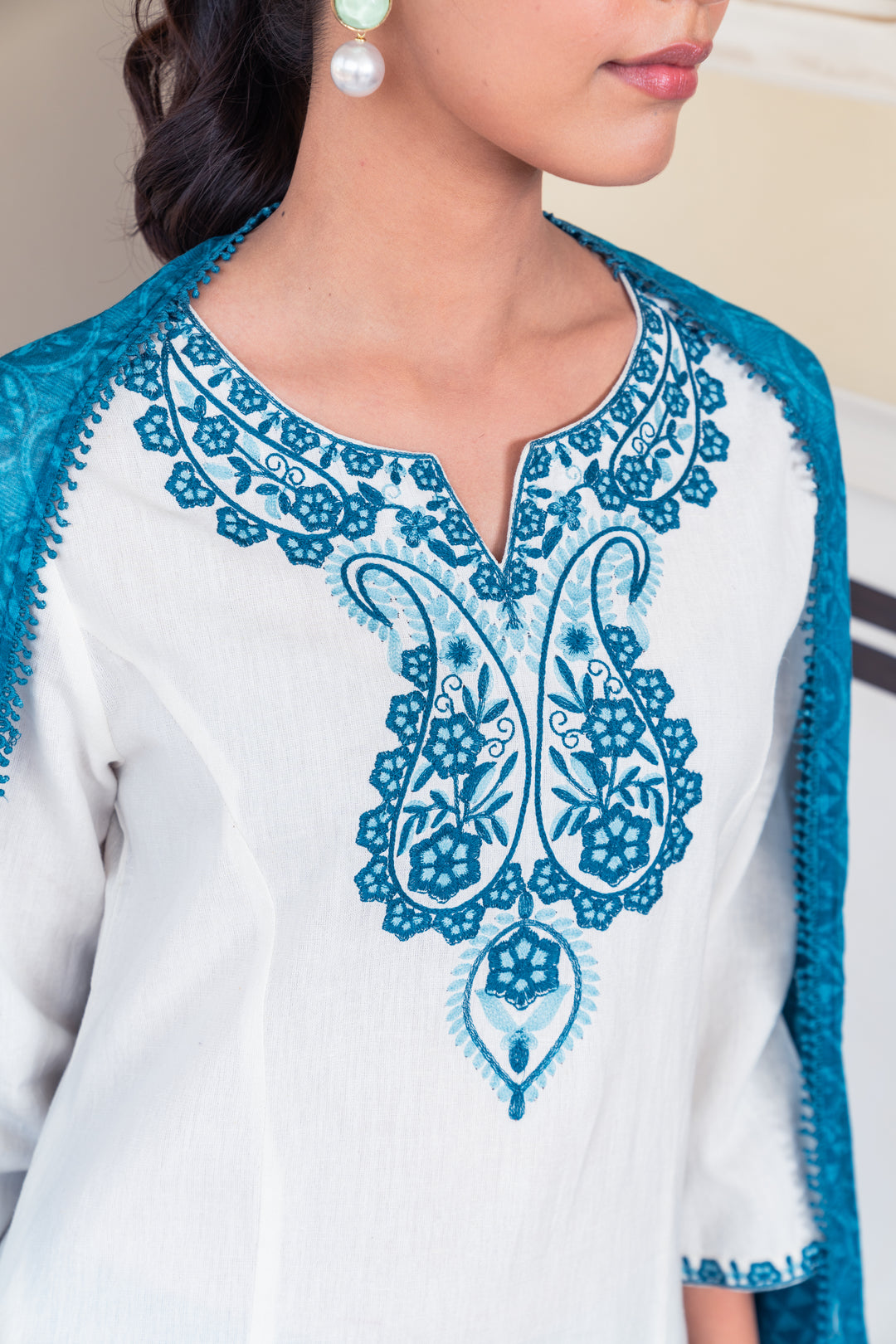 White Cotton Blue Embroidered Straight Kurta Pant With Dupatta