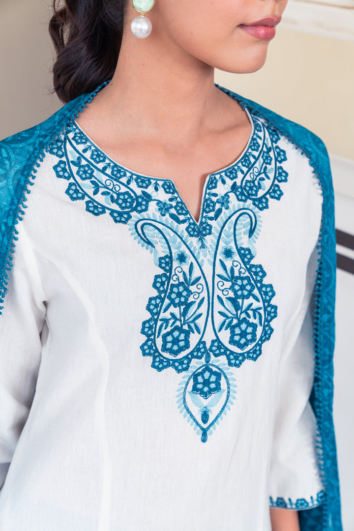 White Cotton Blue Embroidered Straight Kurta Pant With Dupatta