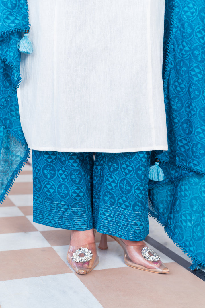 White Cotton Blue Embroidered Straight Kurta Pant With Dupatta