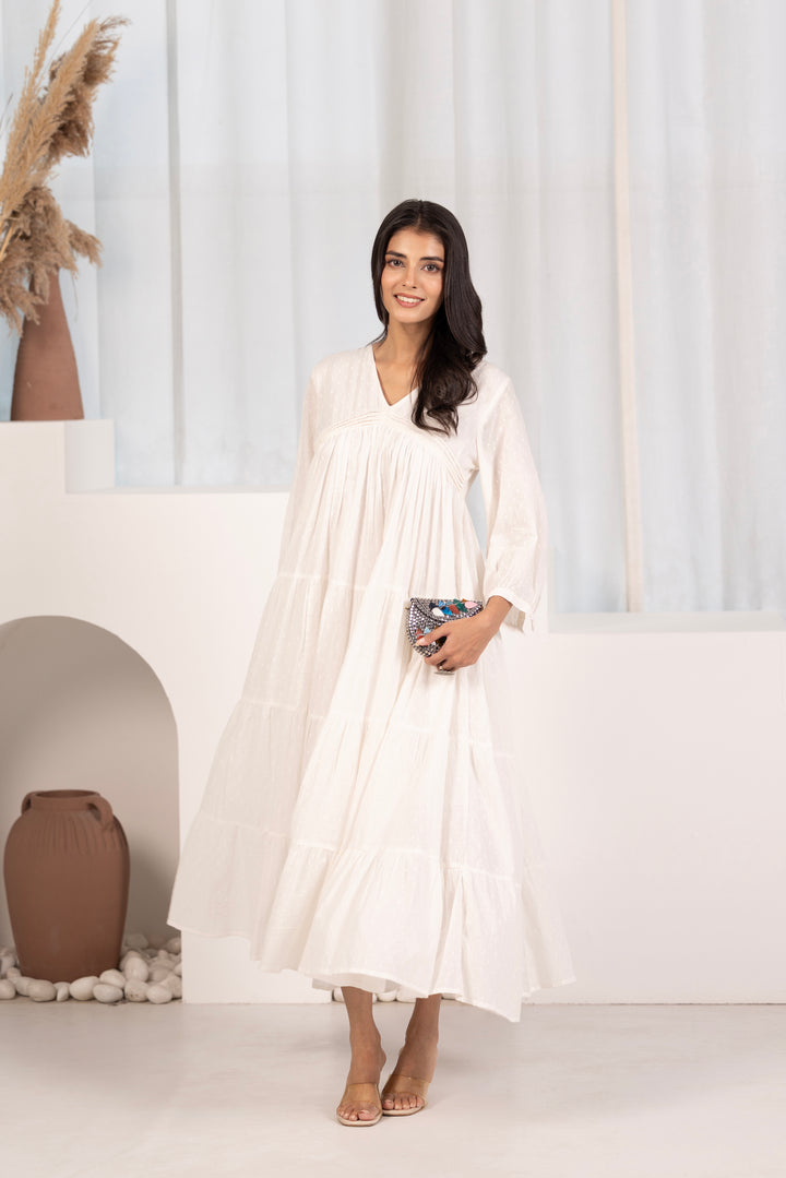 Off White Cotton Dobby Tiered And Flared Dress
