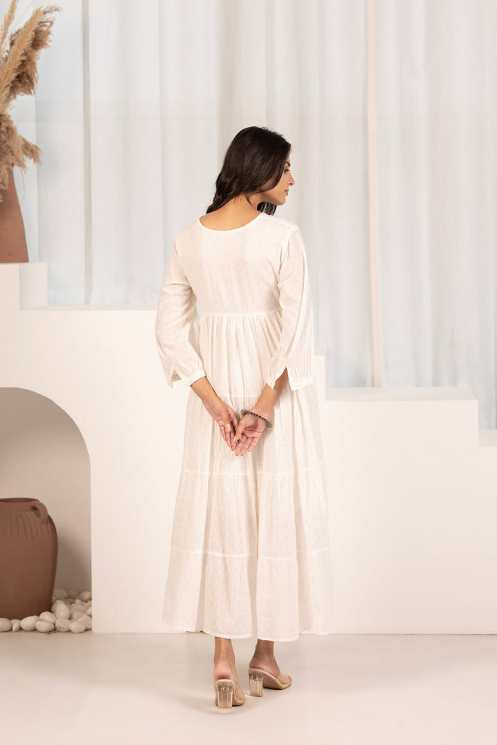 Off White Cotton Dobby Tiered And Flared Dress