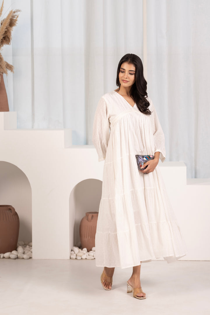 Off White Cotton Dobby Tiered And Flared Dress