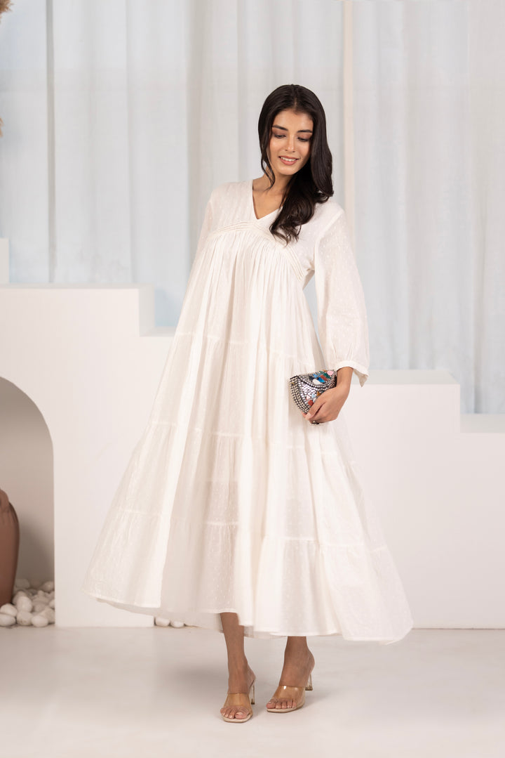 Off White Cotton Dobby Tiered And Flared Dress