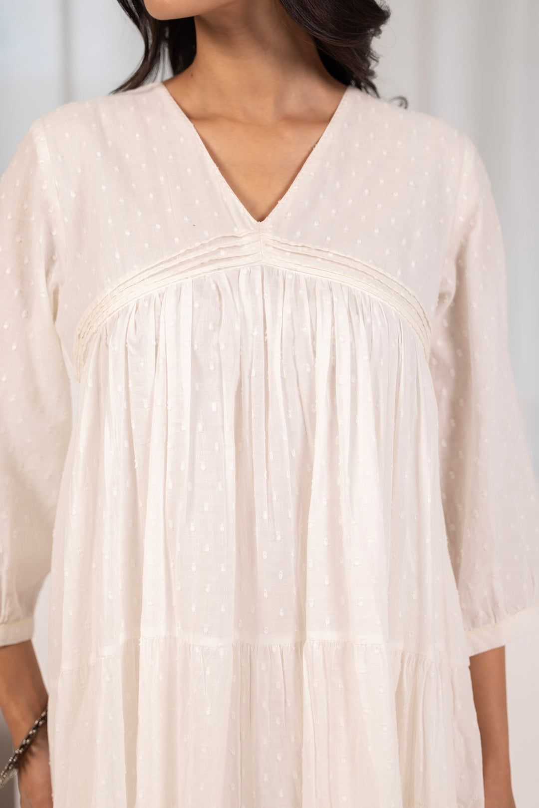 Off White Cotton Dobby Tiered And Flared Dress