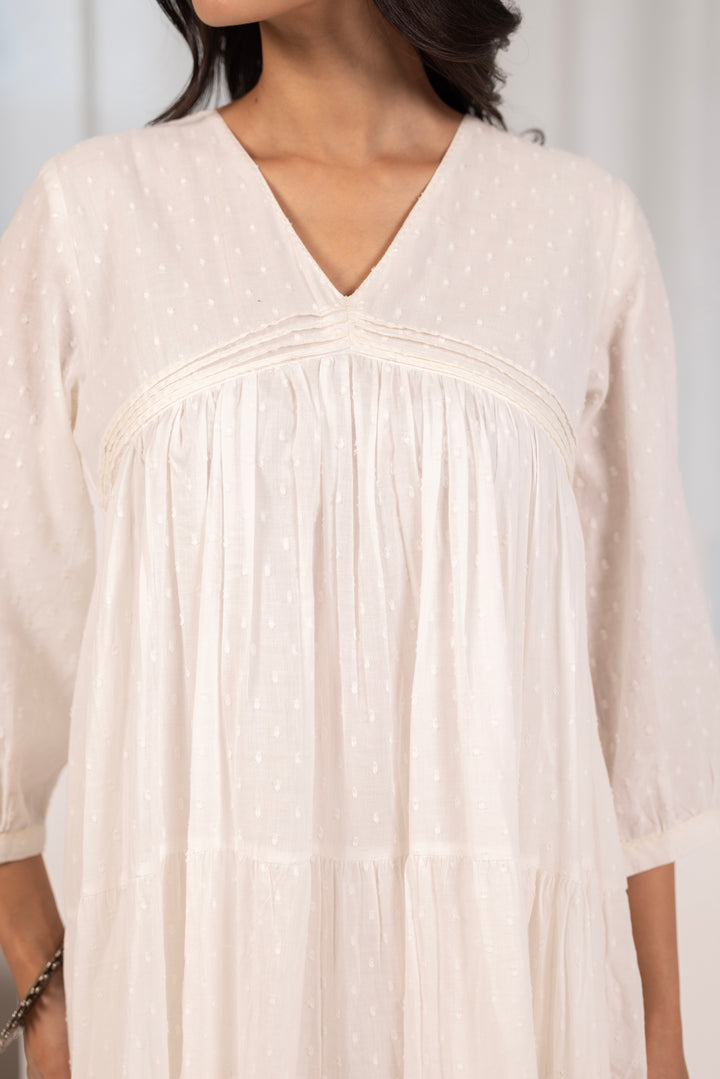 Off White Cotton Dobby Tiered And Flared Dress