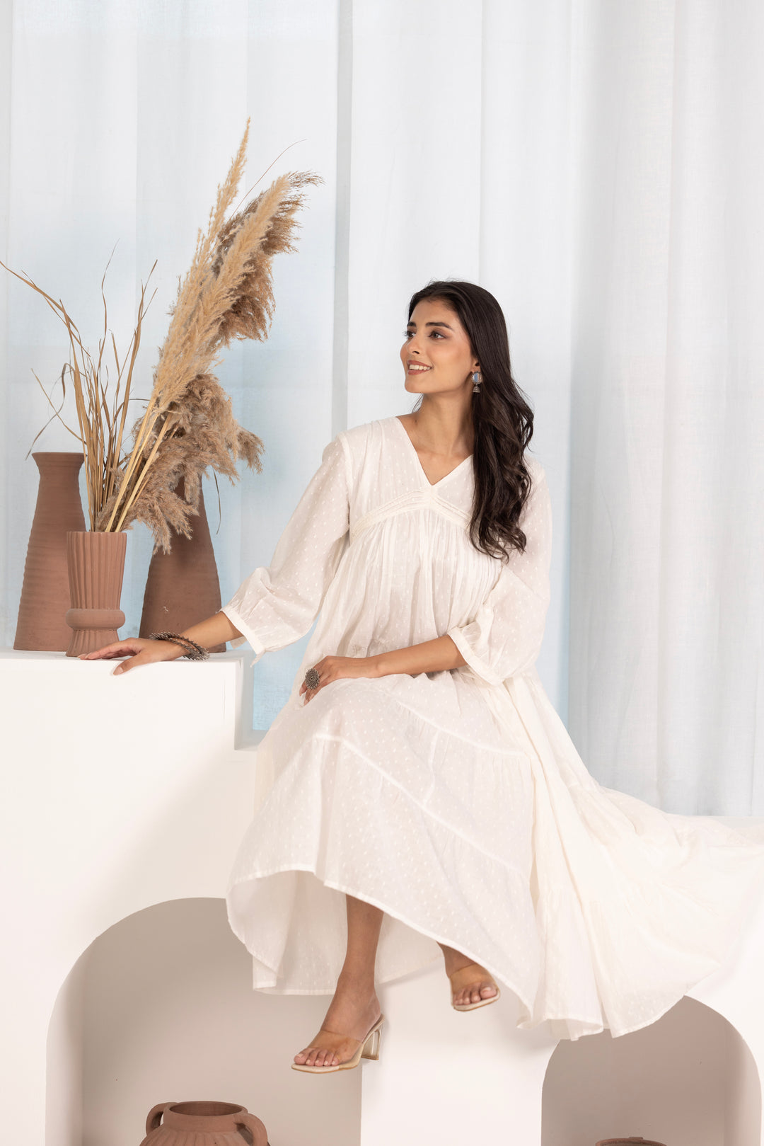 Off White Cotton Dobby Tiered And Flared Dress