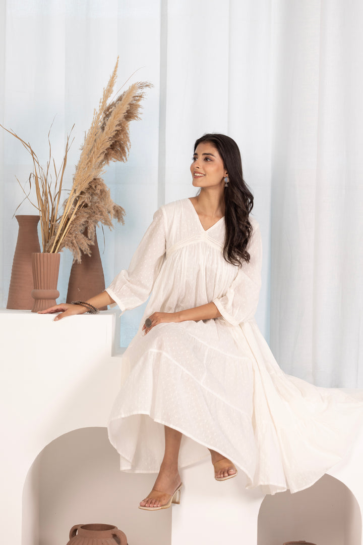 Off White Cotton Dobby Tiered And Flared Dress