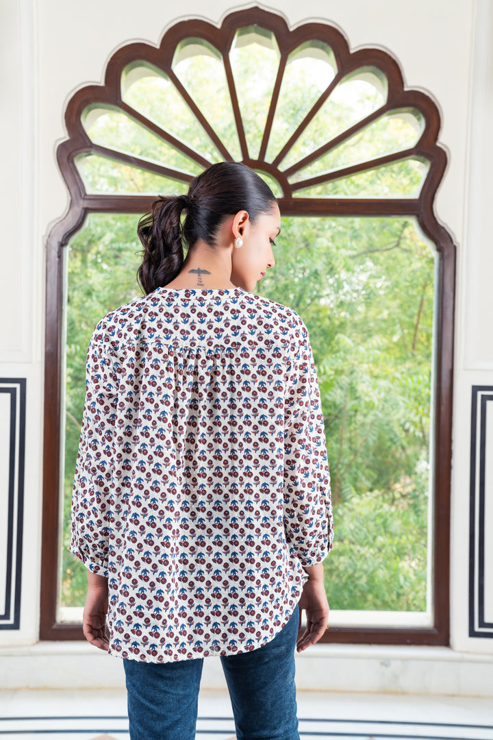 White Cotton Printed Detailed A-Line Top