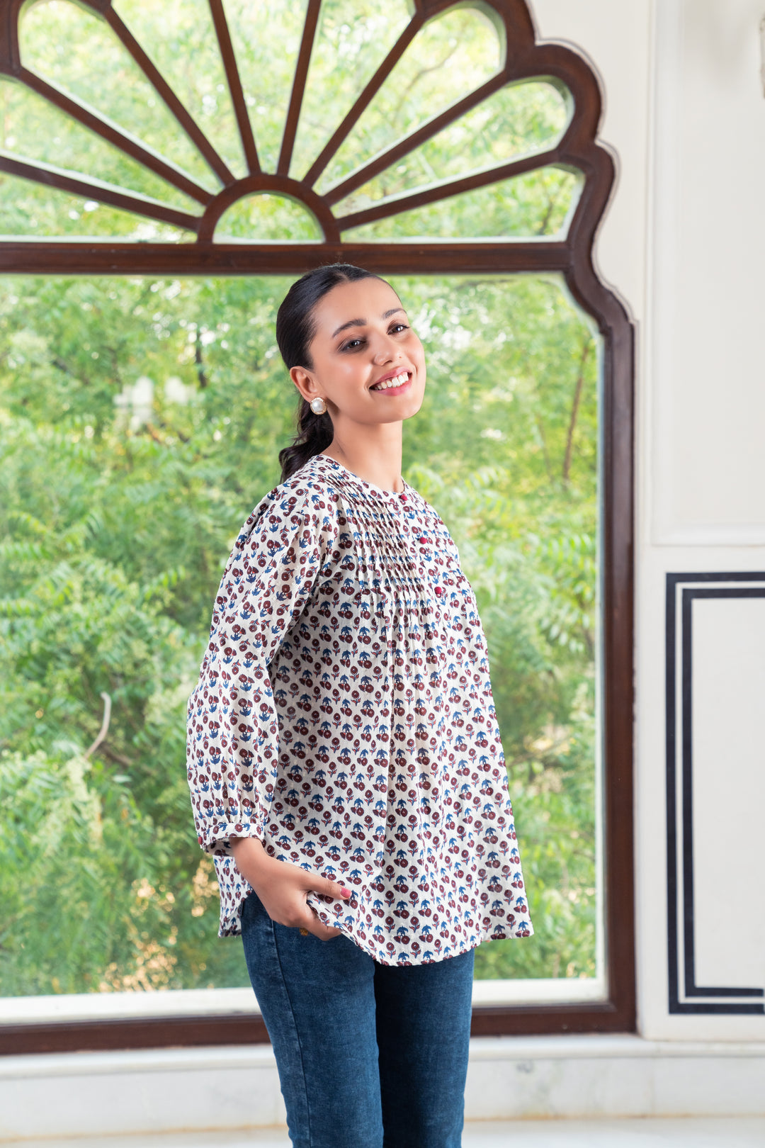 White Cotton Printed Detailed A-Line Top