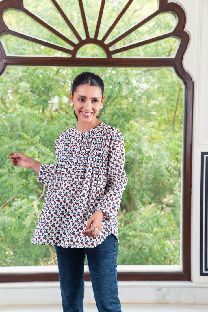 White Cotton Printed Detailed A-Line Top