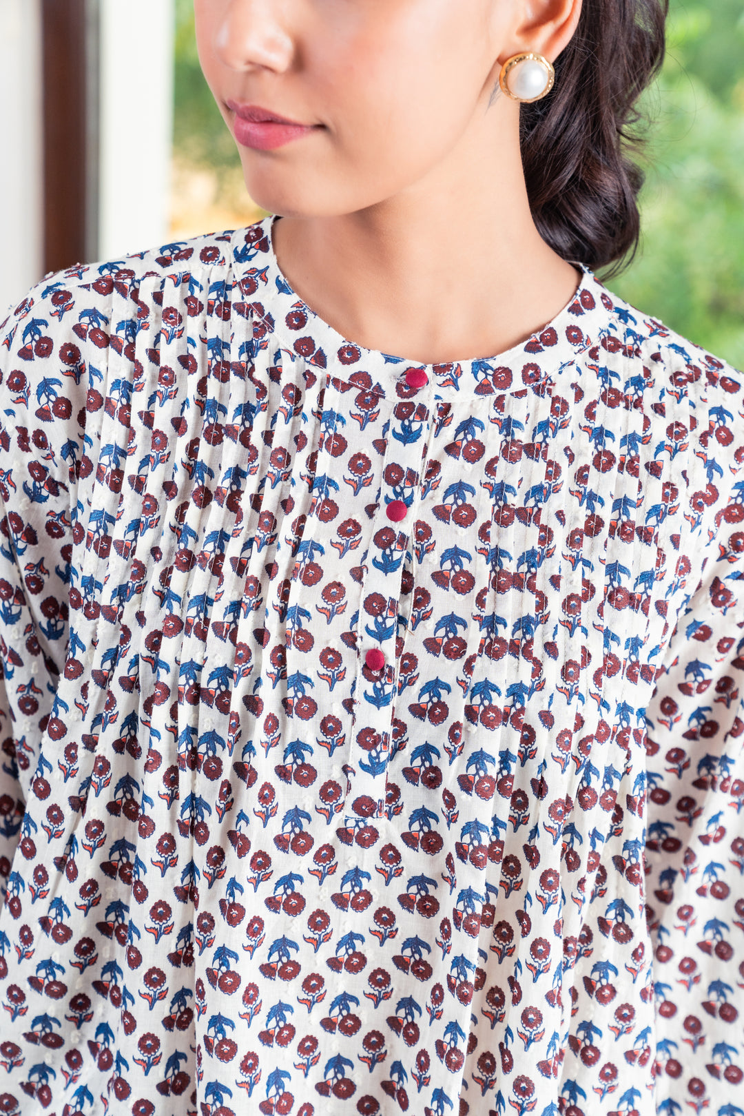 White Cotton Printed Detailed A-Line Top