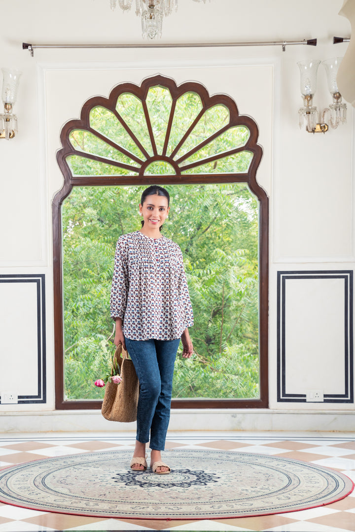 White Cotton Printed Detailed A-Line Top