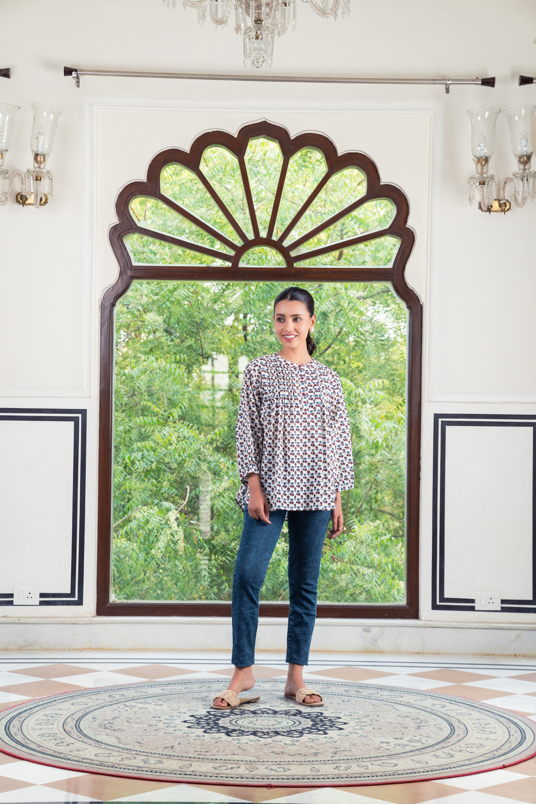 White Cotton Printed Detailed A-Line Top
