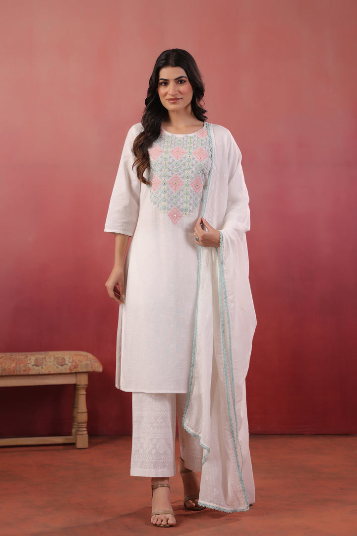 White Embroidered Designer Kurta Pant With Dupatta Set