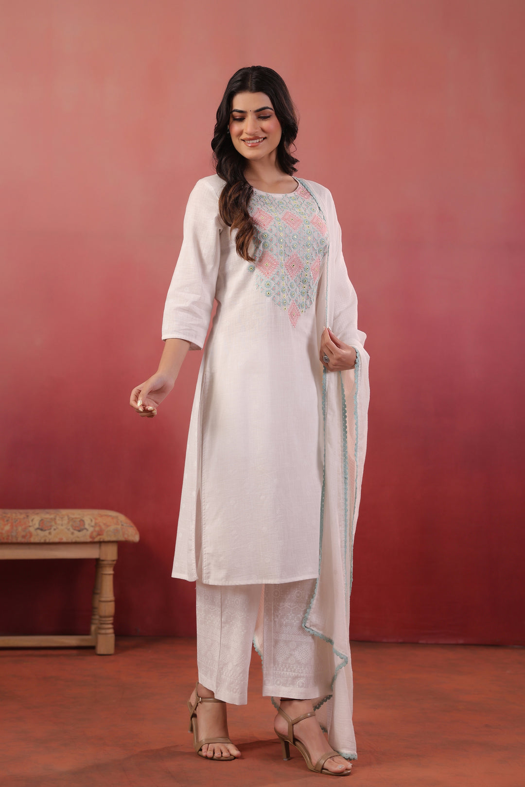 White Embroidered Designer Kurta Pant With Dupatta Set