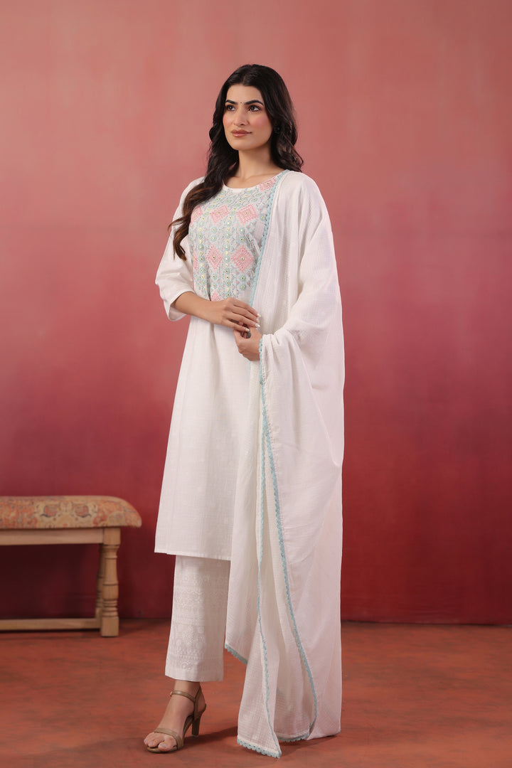 White Embroidered Designer Kurta Pant With Dupatta Set