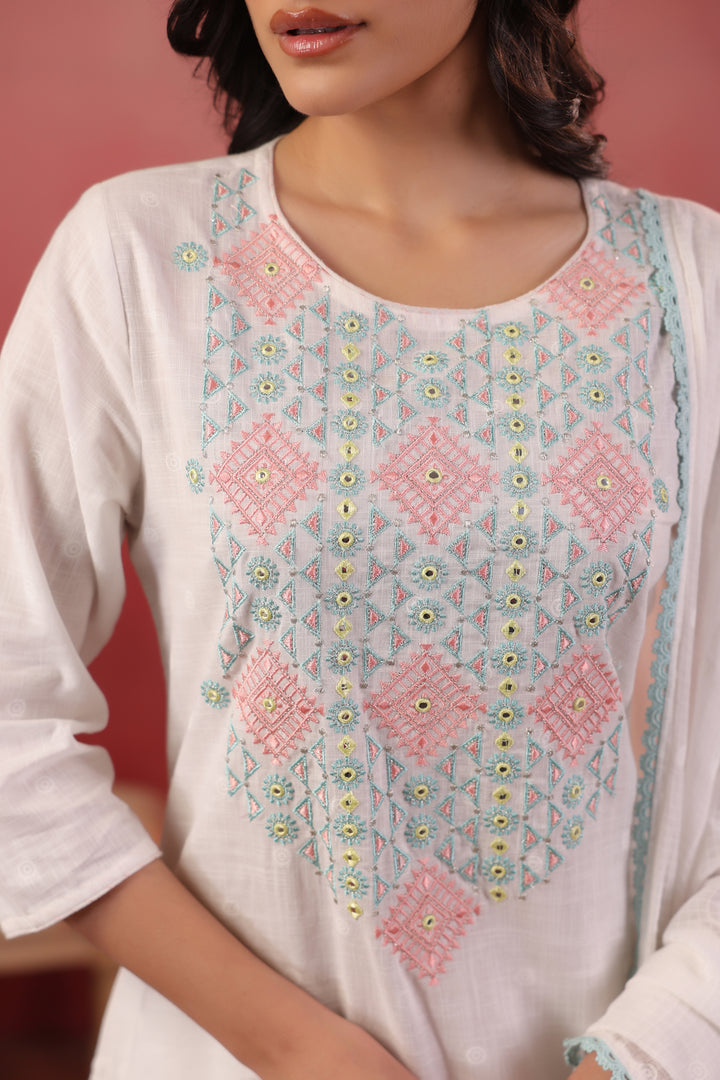 White Embroidered Designer Kurta Pant With Dupatta Set