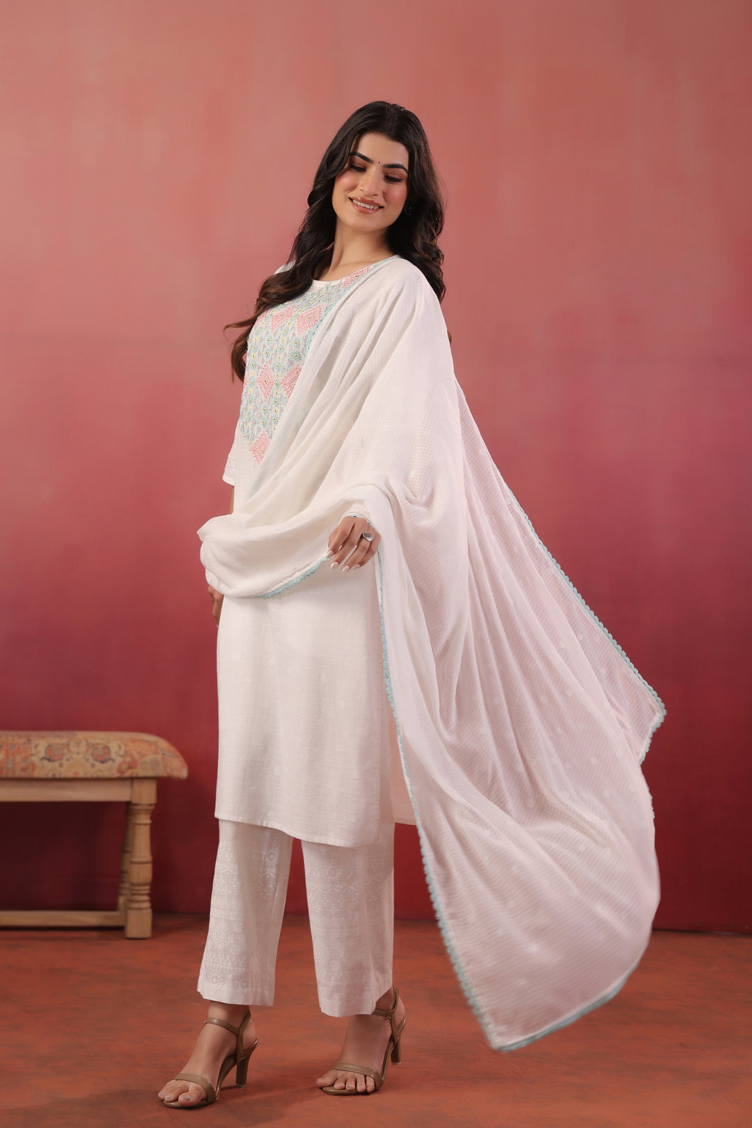White Embroidered Designer Kurta Pant With Dupatta Set