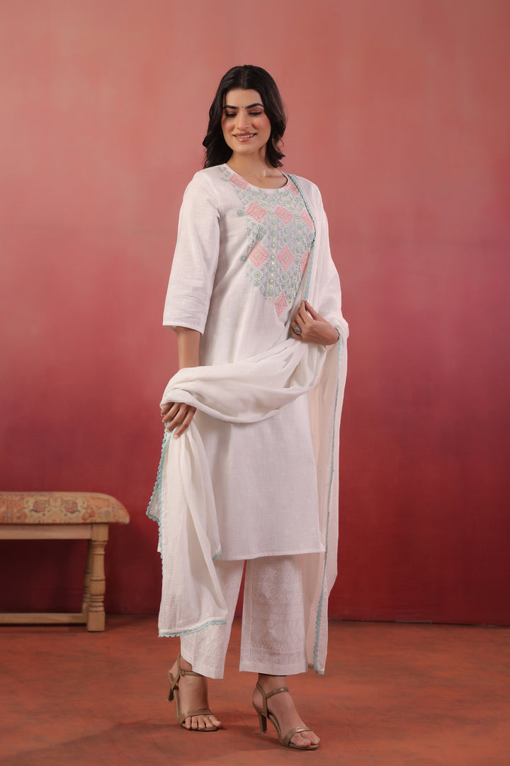 White Embroidered Designer Kurta Pant With Dupatta Set
