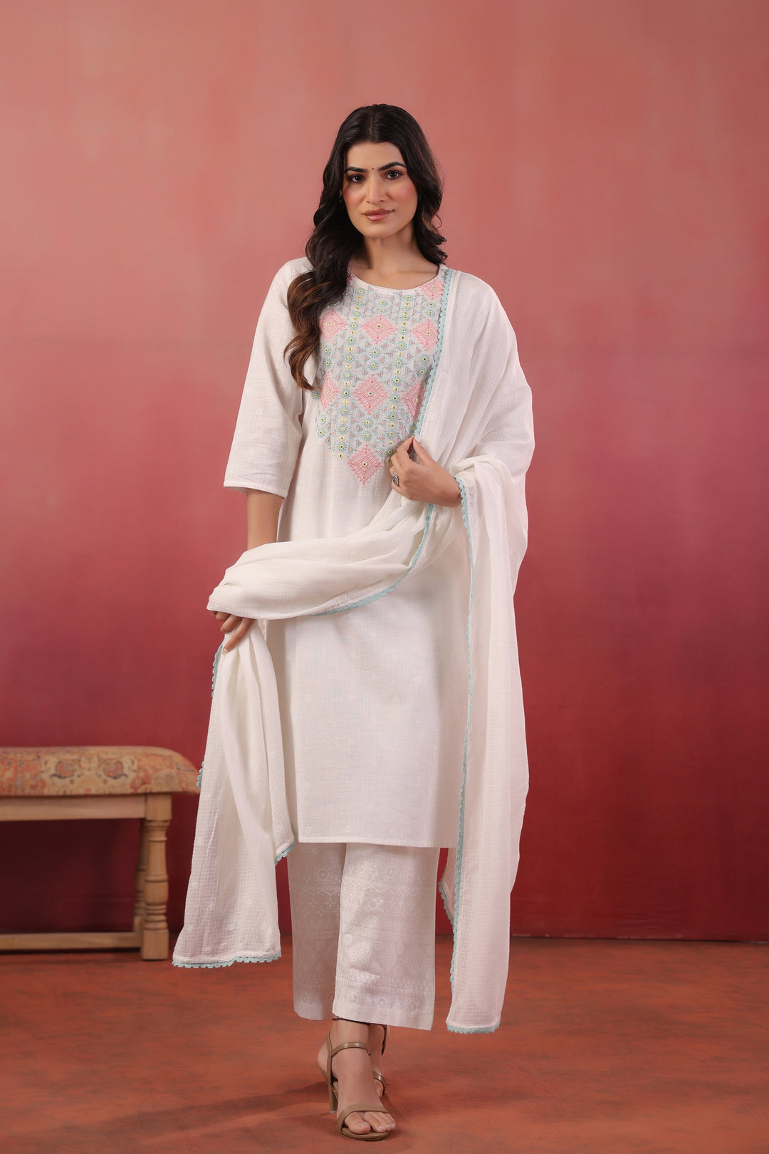 White Embroidered Designer Kurta Pant With Dupatta Set