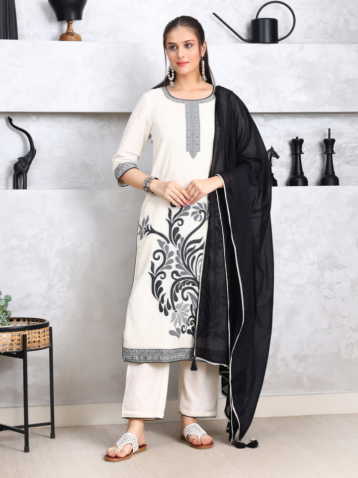 White & Black Yarn Dyed Kurta Pant Set With Dupatta