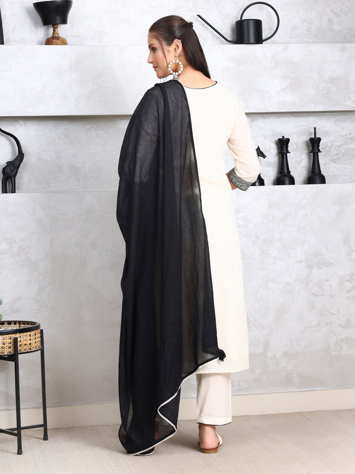 White & Black Yarn Dyed Kurta Pant Set With Dupatta