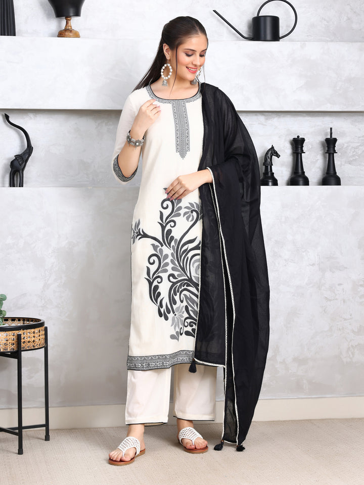 White & Black Yarn Dyed Kurta Pant Set With Dupatta