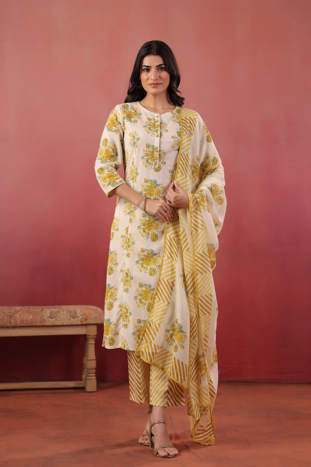 Yellow Cotton Printed Designer Kurta Pant With Dupatta