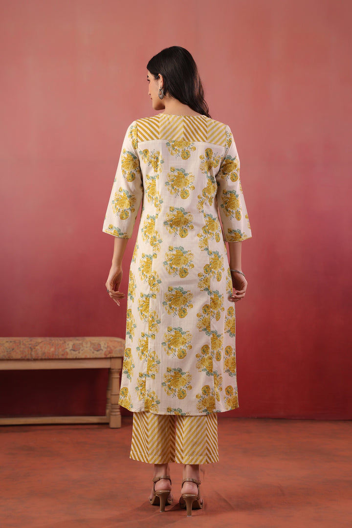 Yellow Cotton Printed Designer Kurta Pant With Dupatta