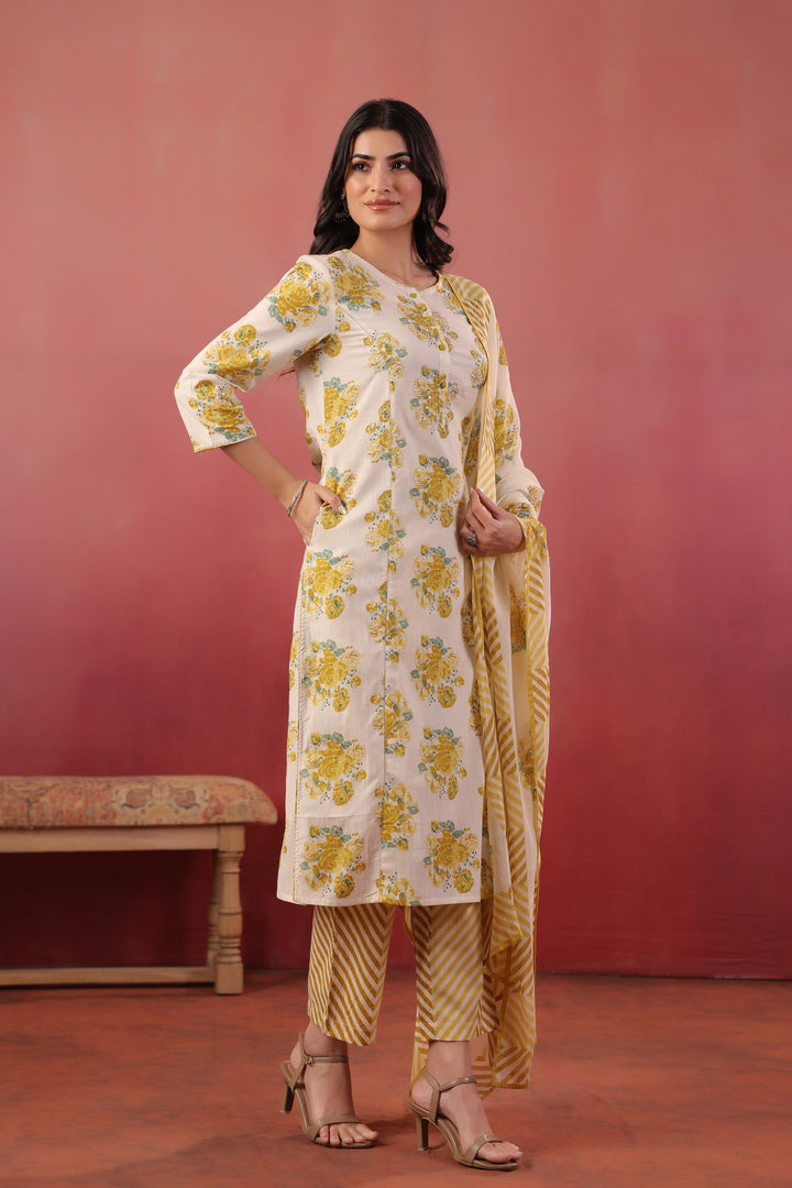Yellow Cotton Printed Designer Kurta Pant With Dupatta