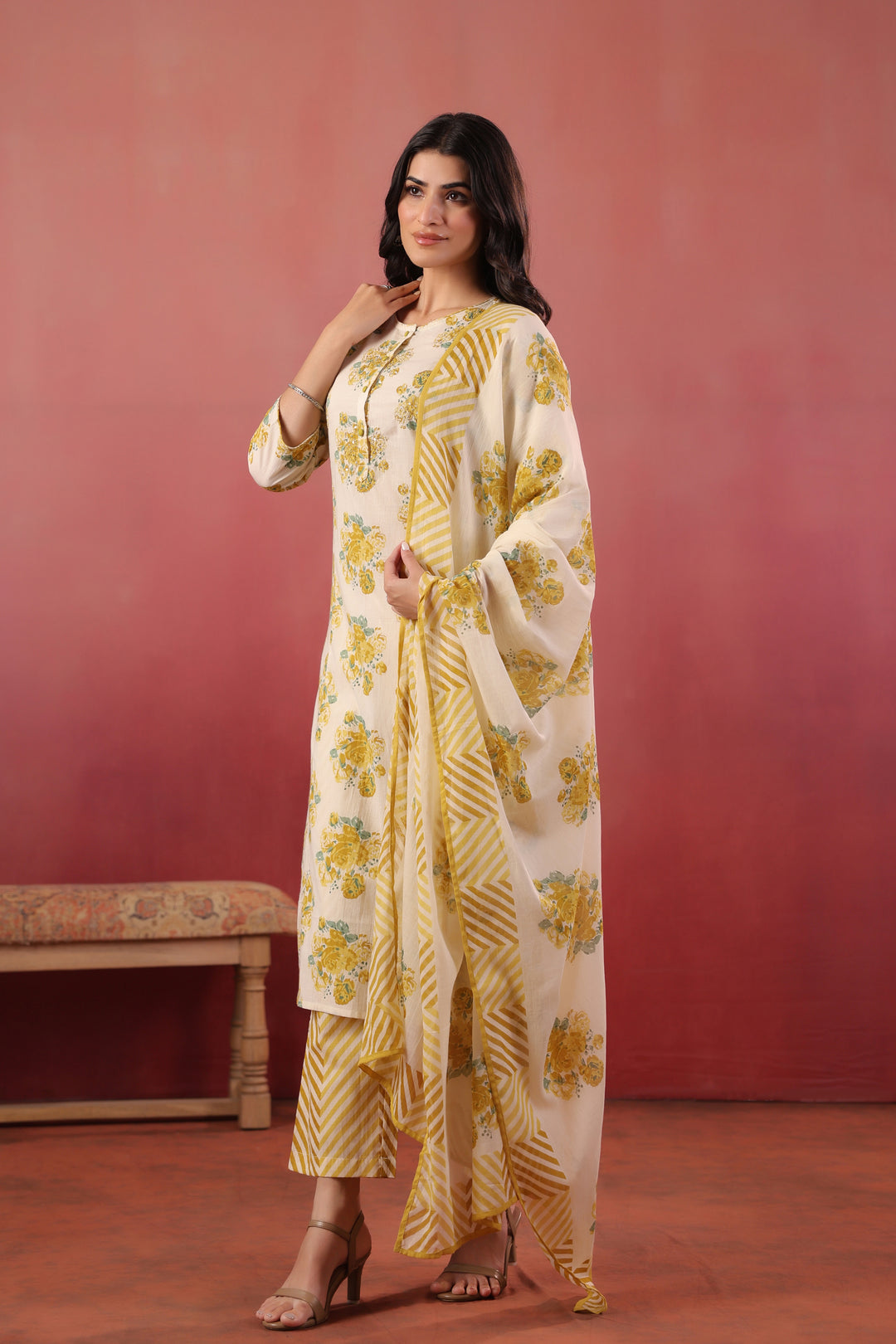 Yellow Cotton Printed Designer Kurta Pant With Dupatta