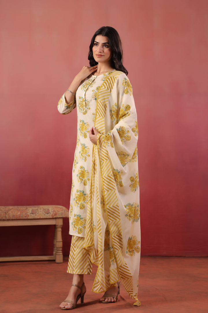 Yellow Cotton Printed Designer Kurta Pant With Dupatta