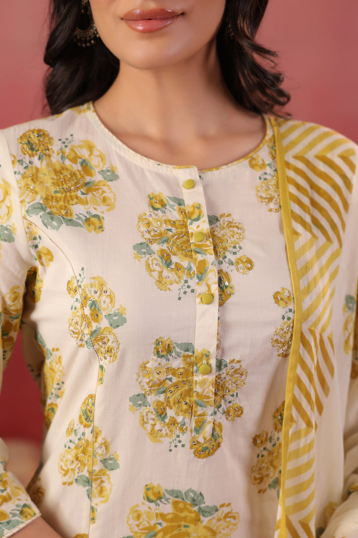 Yellow Cotton Printed Designer Kurta Pant With Dupatta
