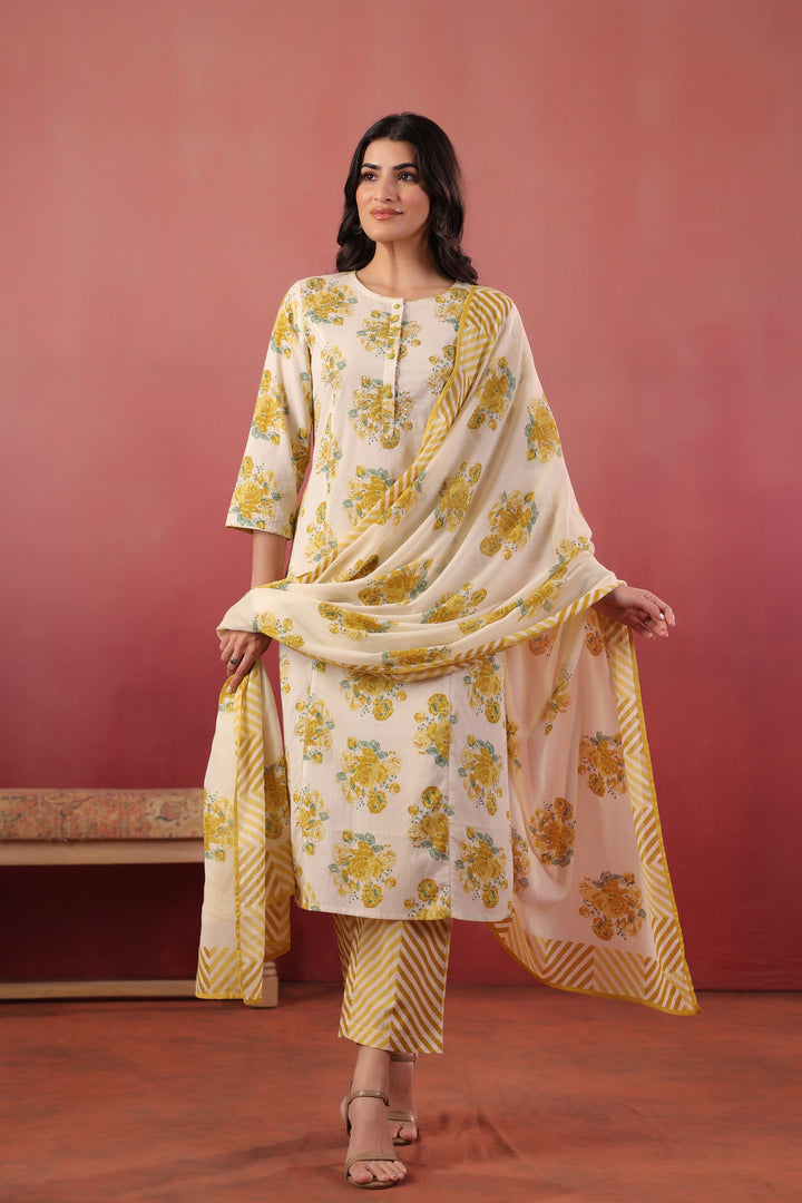 Yellow Cotton Printed Designer Kurta Pant With Dupatta