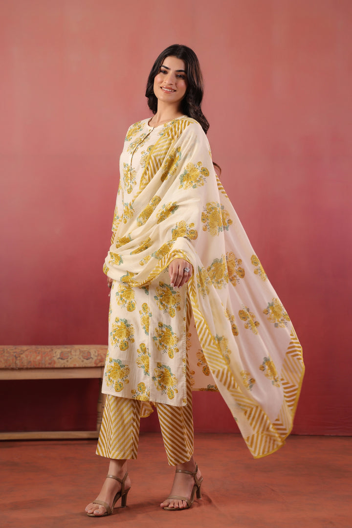 Yellow Cotton Printed Designer Kurta Pant With Dupatta