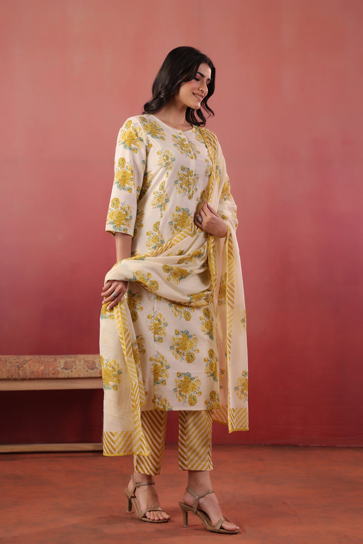 Yellow Cotton Printed Designer Kurta Pant With Dupatta