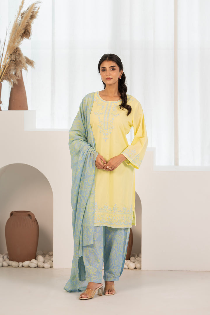 Yellow Cotton Embroidered Designer Kurta Pant Set With Dupatta
