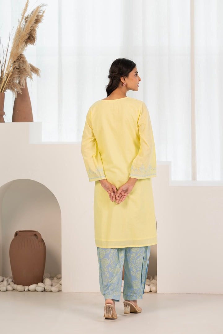 Yellow Cotton Embroidered Designer Kurta Pant Set With Dupatta