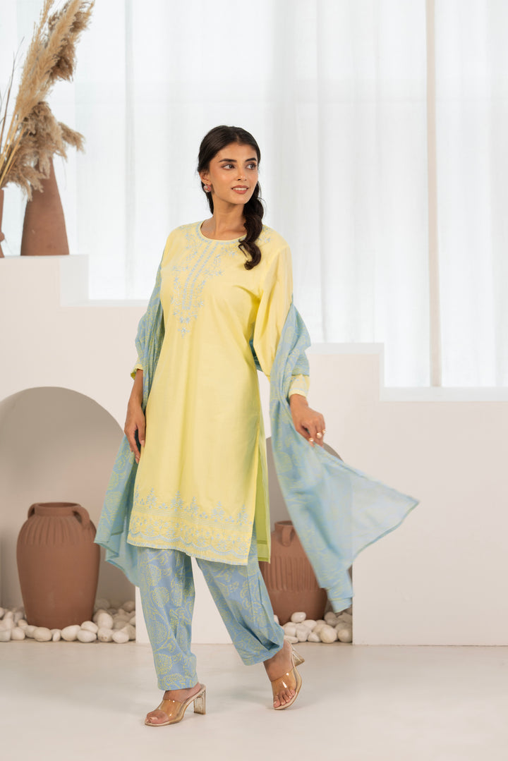 Yellow Cotton Embroidered Designer Kurta Pant Set With Dupatta