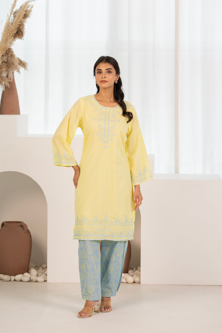 Yellow Cotton Embroidered Designer Kurta Pant Set With Dupatta