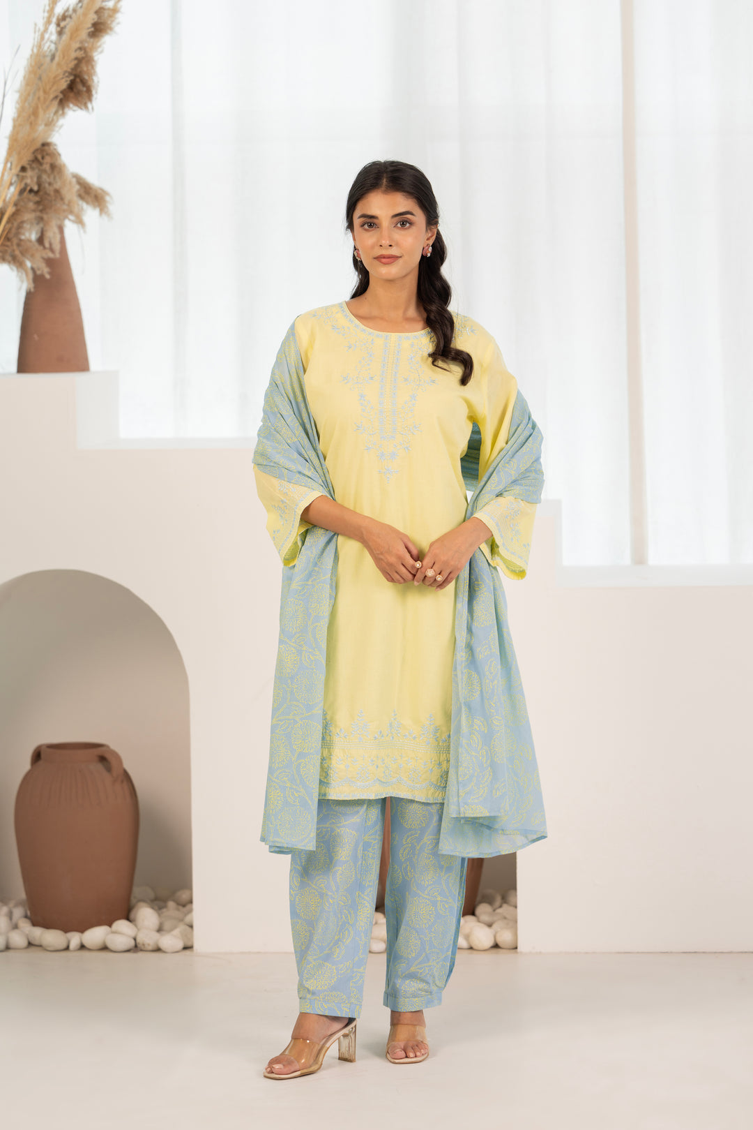 Yellow Cotton Embroidered Designer Kurta Pant Set With Dupatta