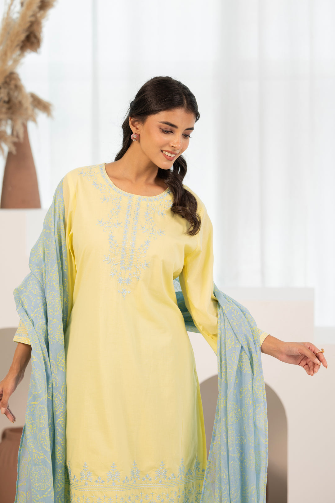 Yellow Cotton Embroidered Designer Kurta Pant Set With Dupatta