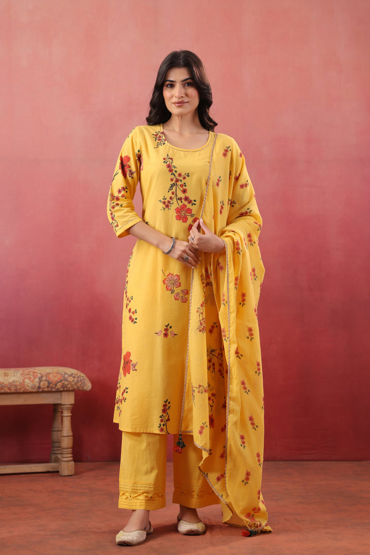 Yellow Cotton Printed Straight Kurta Pant With Dupatta Set