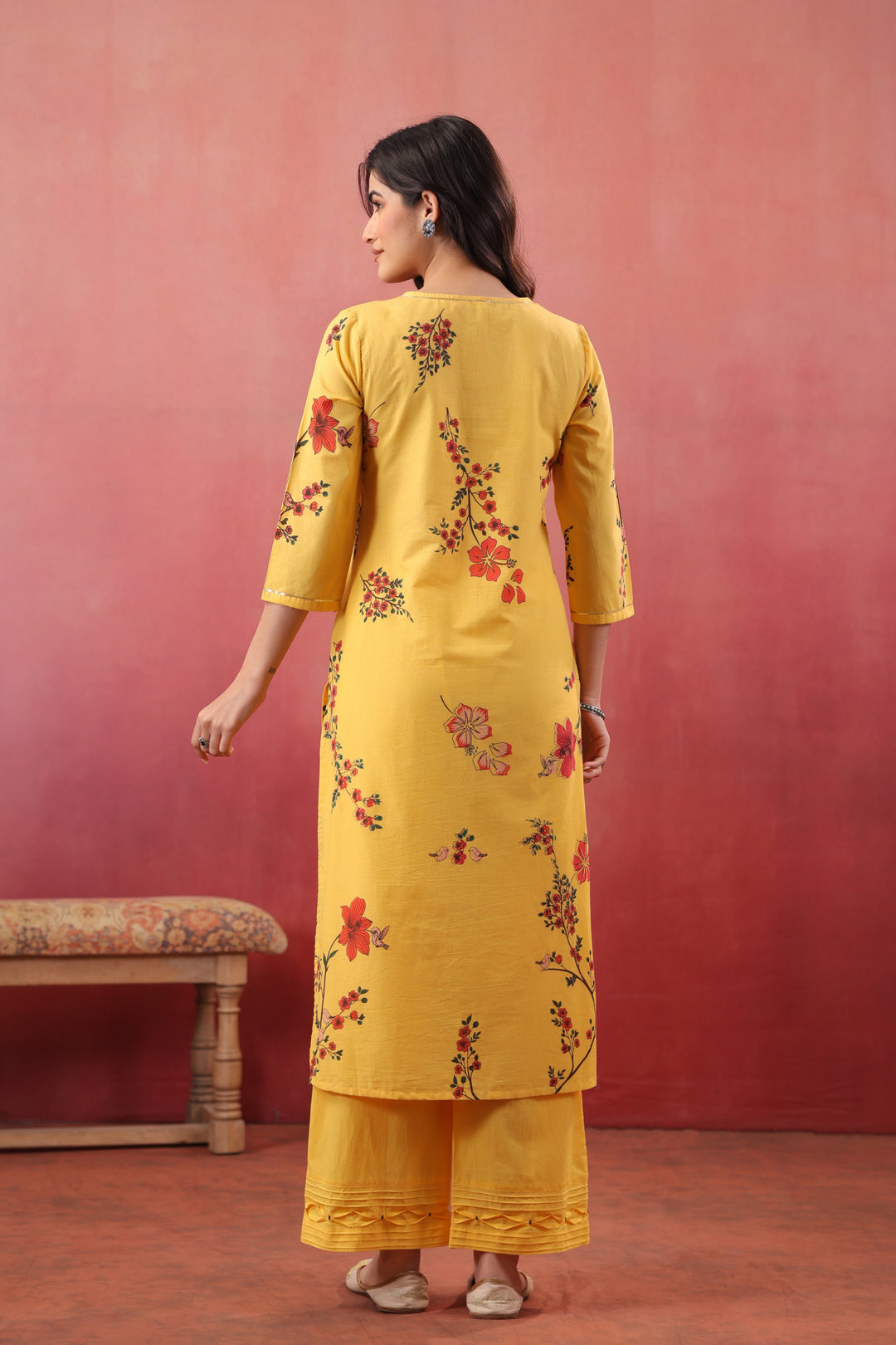Yellow Cotton Printed Straight Kurta Pant With Dupatta Set