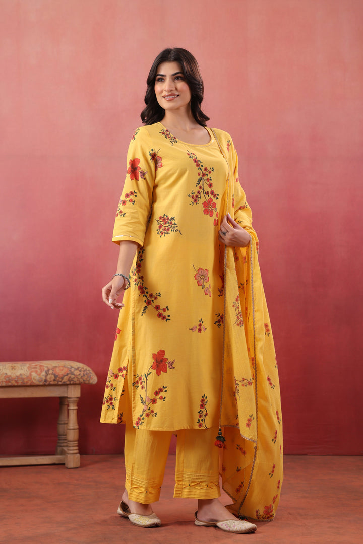 Yellow Cotton Printed Straight Kurta Pant With Dupatta Set