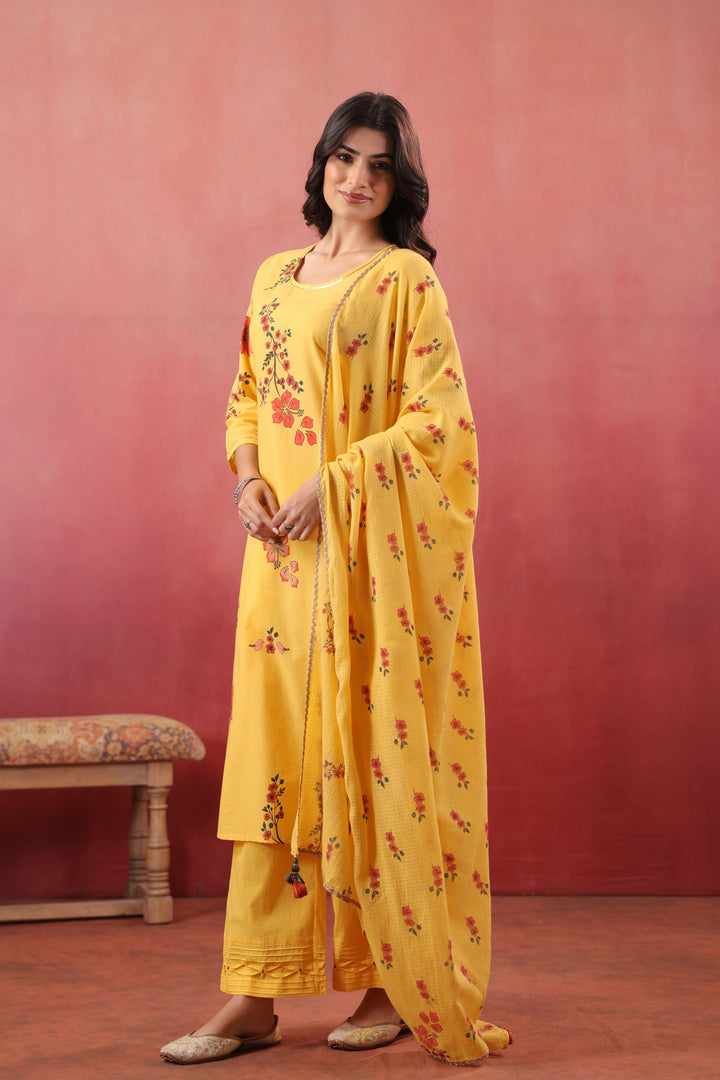 Yellow Cotton Printed Straight Kurta Pant With Dupatta Set