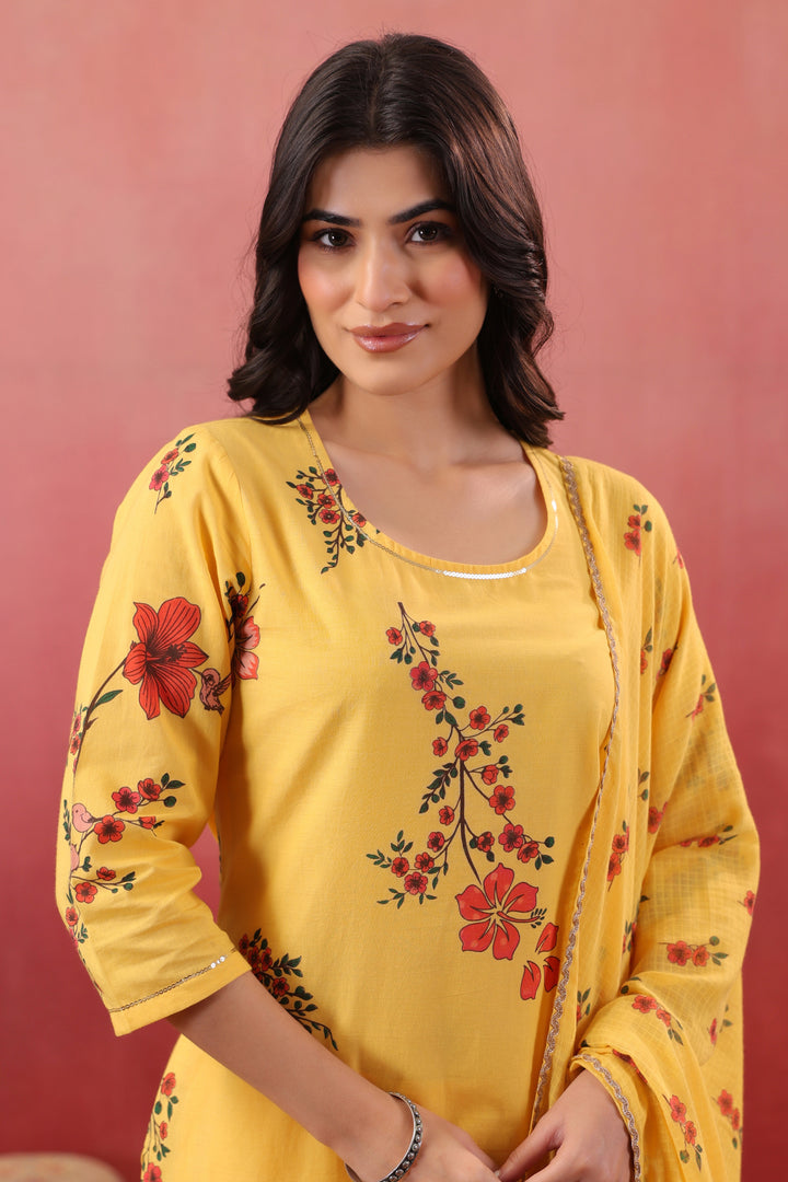 Yellow Cotton Printed Straight Kurta Pant With Dupatta Set