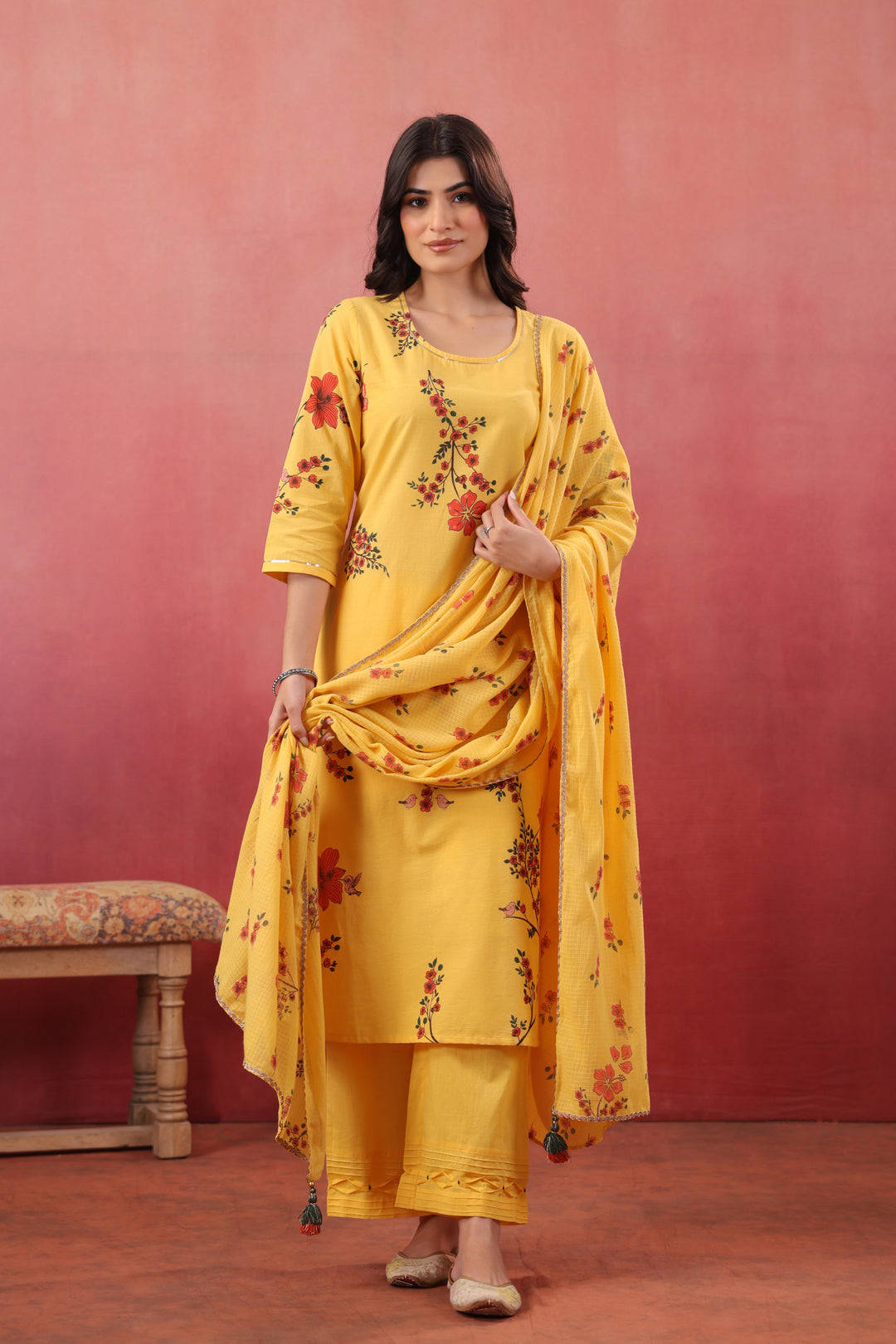 Yellow Cotton Printed Straight Kurta Pant With Dupatta Set